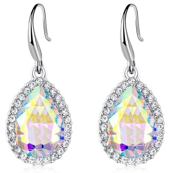 14K White Gold with Iridescent AB Austrian Crystal Teardrop Halo Hook Earrings